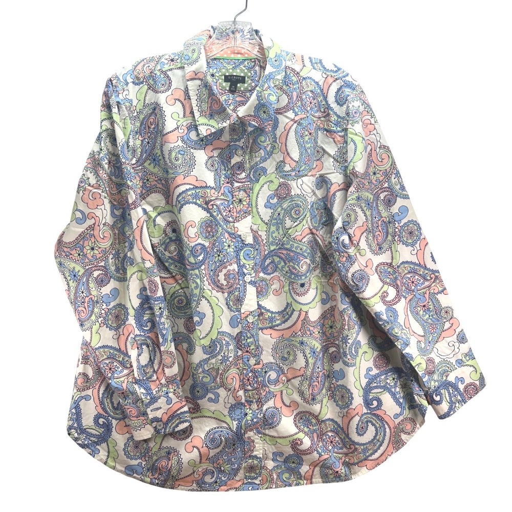 Talbots Womens XL Paisley Button Down Shirt Long Sleeve Blue Pink Green Cotton